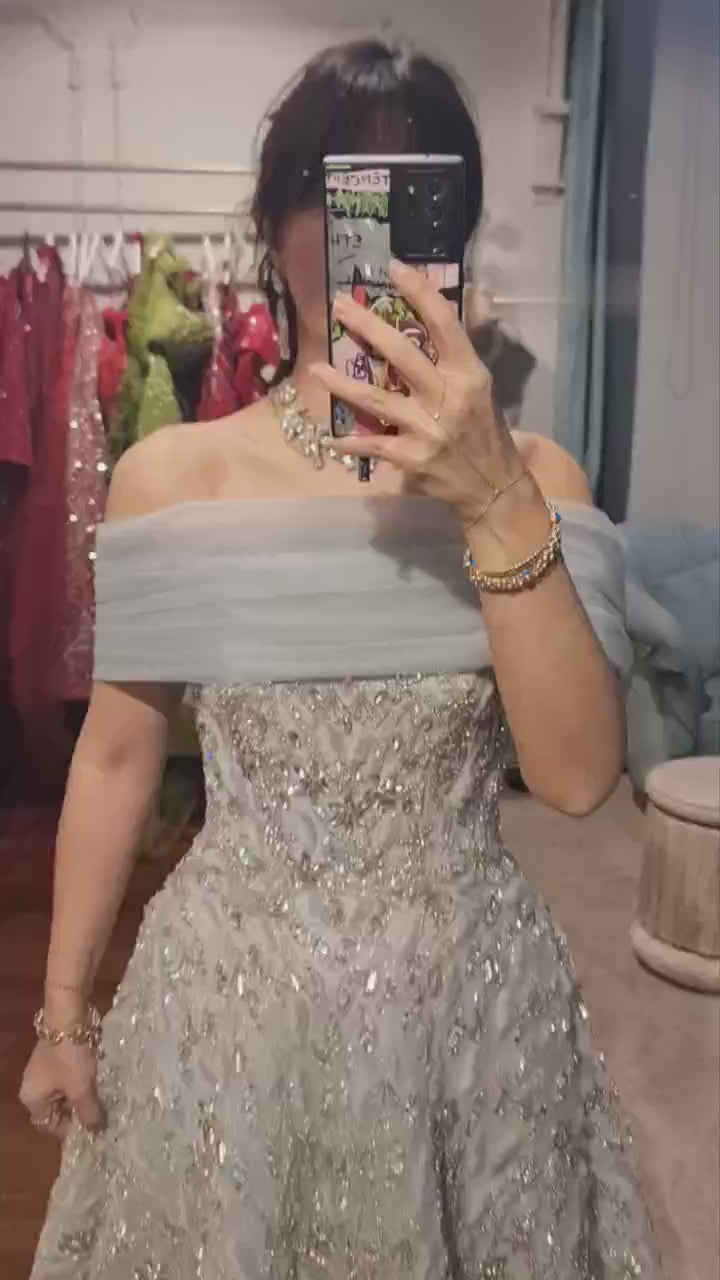 Glamorous Silver Gray Off-Shoulder Beaded Evening Dress LA73062