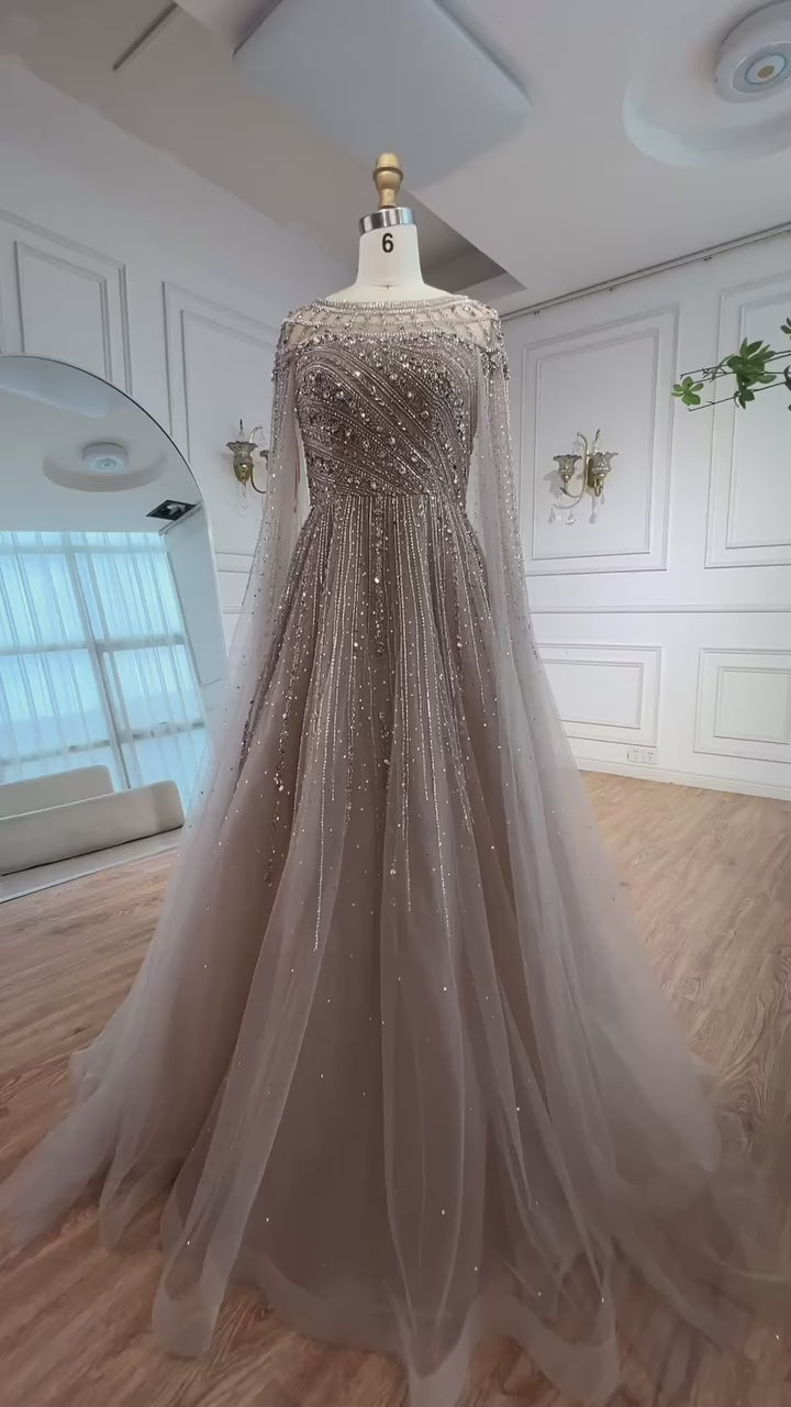 Luxury Caramel Beaded Evening Dress with Cape LA72994