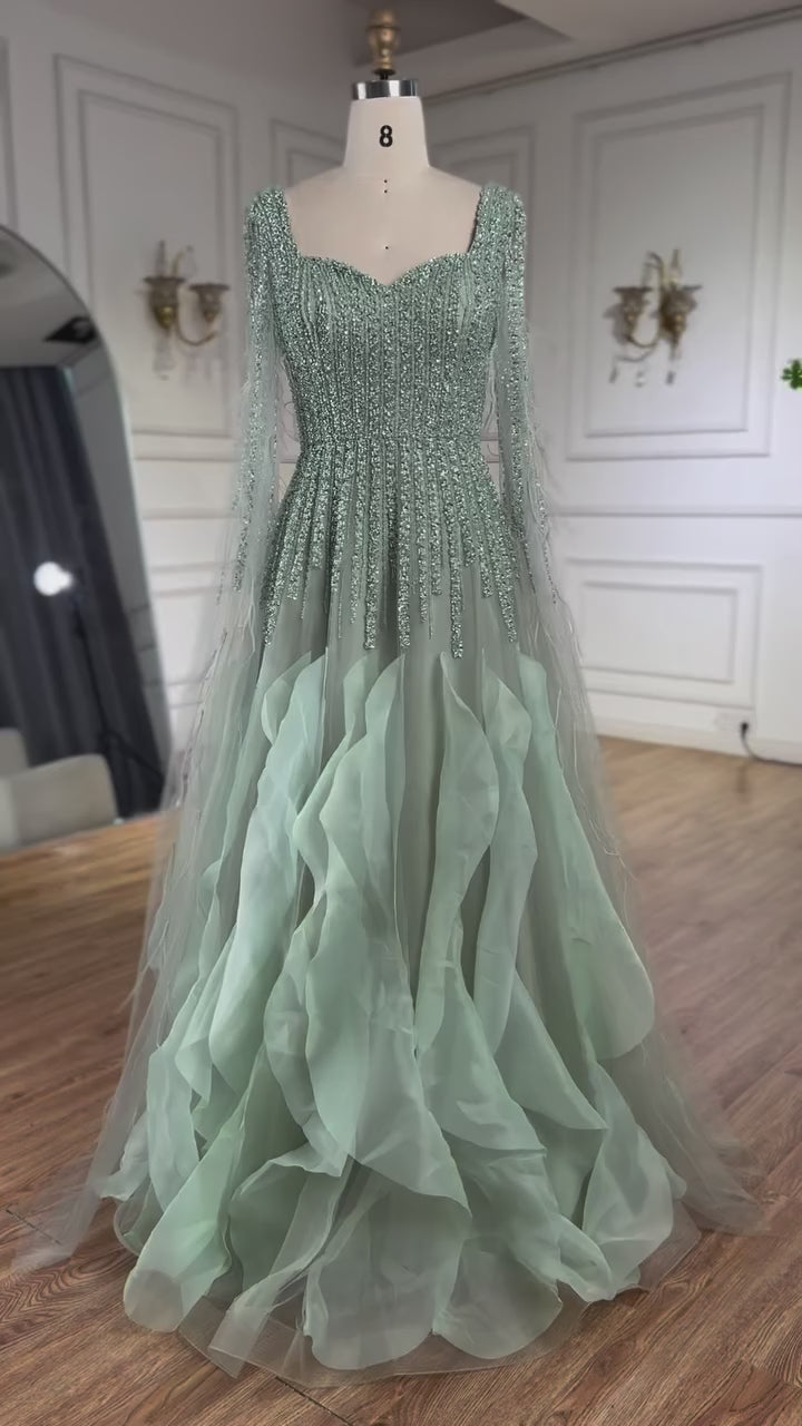 Luxury Sage Green A lina Evening Dress With Cape LA72984