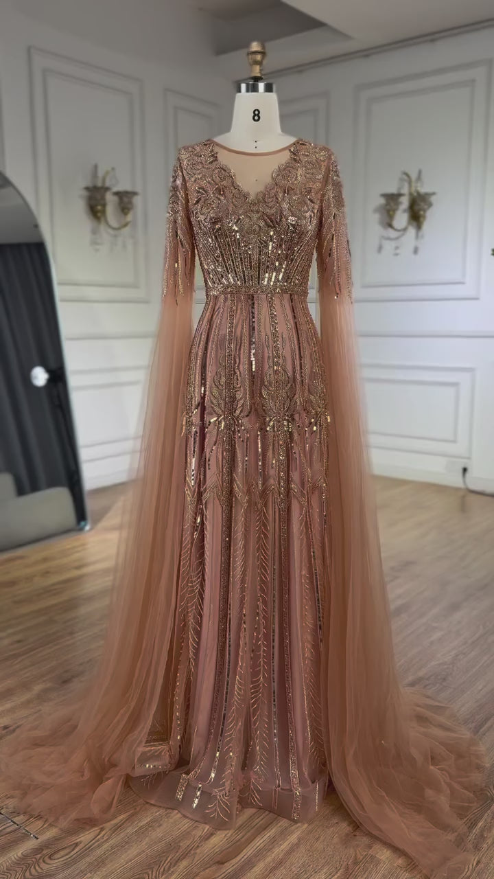 Elegant Beaded A-Line Evening Dress with Cape Sleeves LA73056