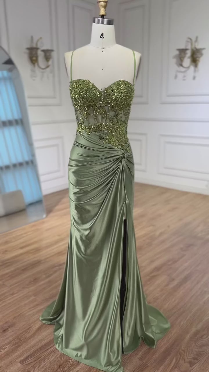 Luxury Sage Green Satin Prom Dress with Slit LA73032