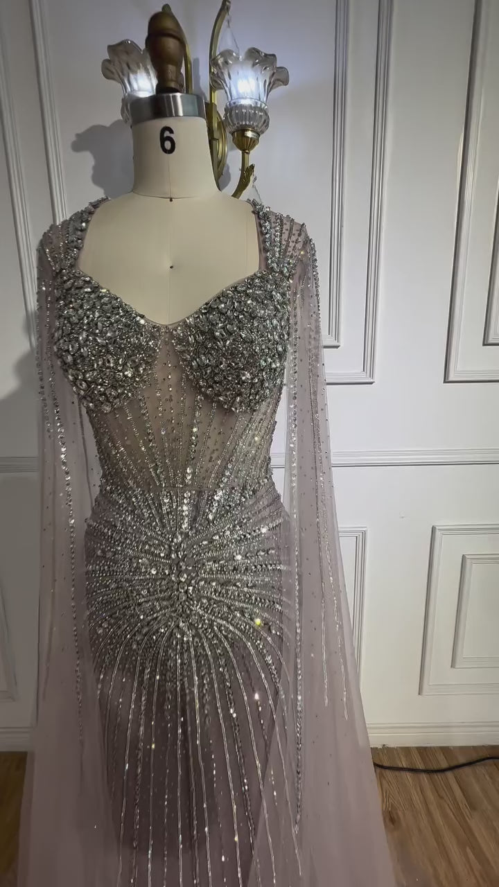 Luxury Nude Beaded Evening Dress with Cape Sleeves LA72575C