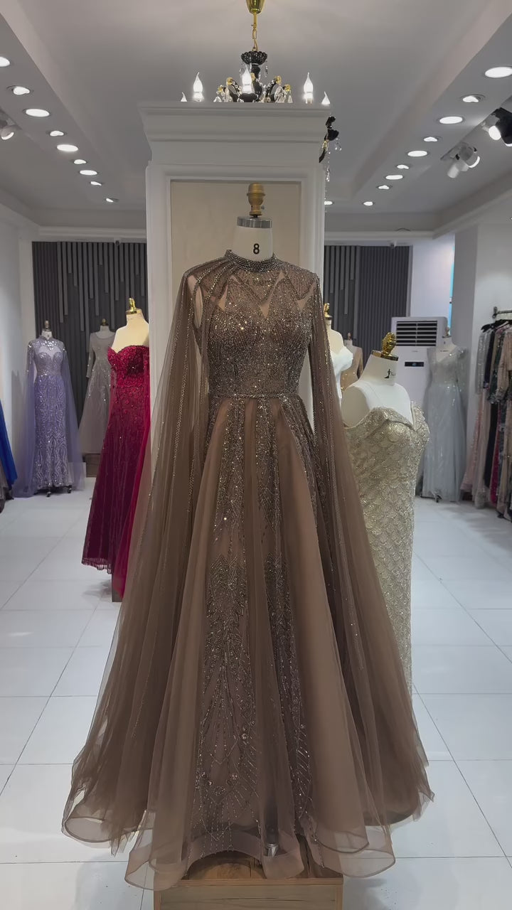 Luxury Brown Beaded Evening Gown with Cape Arabic Style LA72951