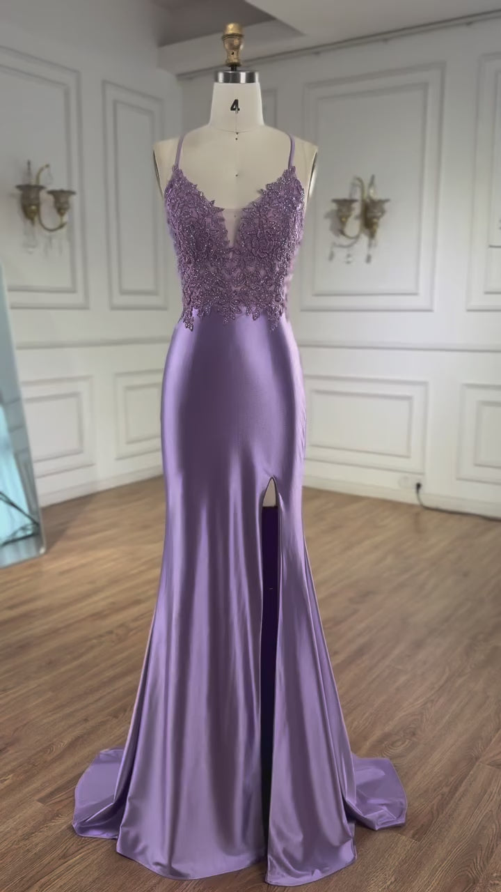 Luxury Purple Satin Prom Dress with Slit and Lace Appliques LA73040