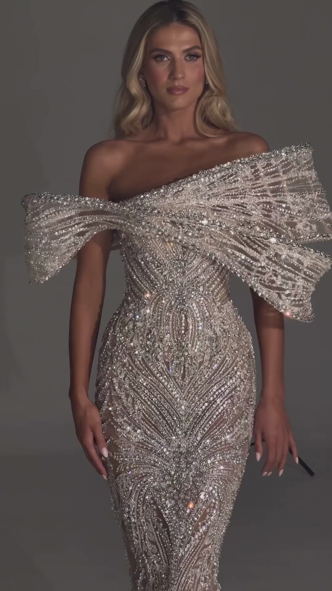 Luxury Silver Nude Off Shoulder Mermaid Evening Dress LA72878