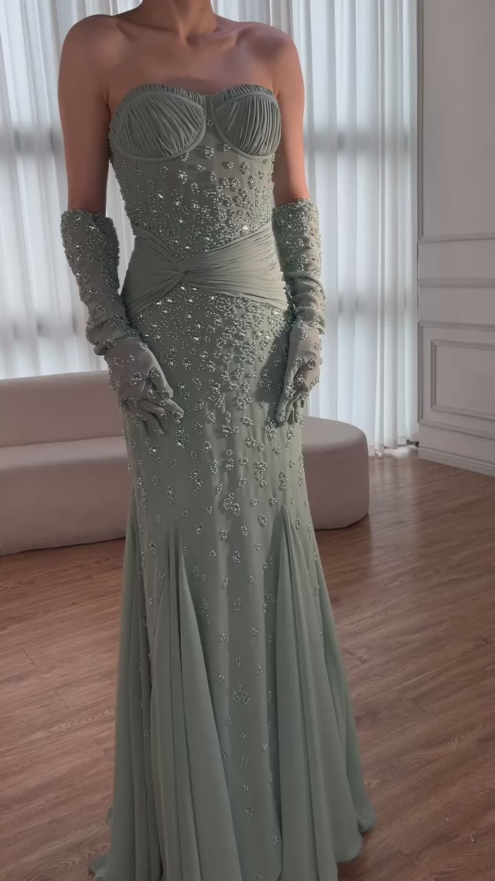 Luxury Turquoise Strapless Beaded Evening Dress with Gloves LA72933