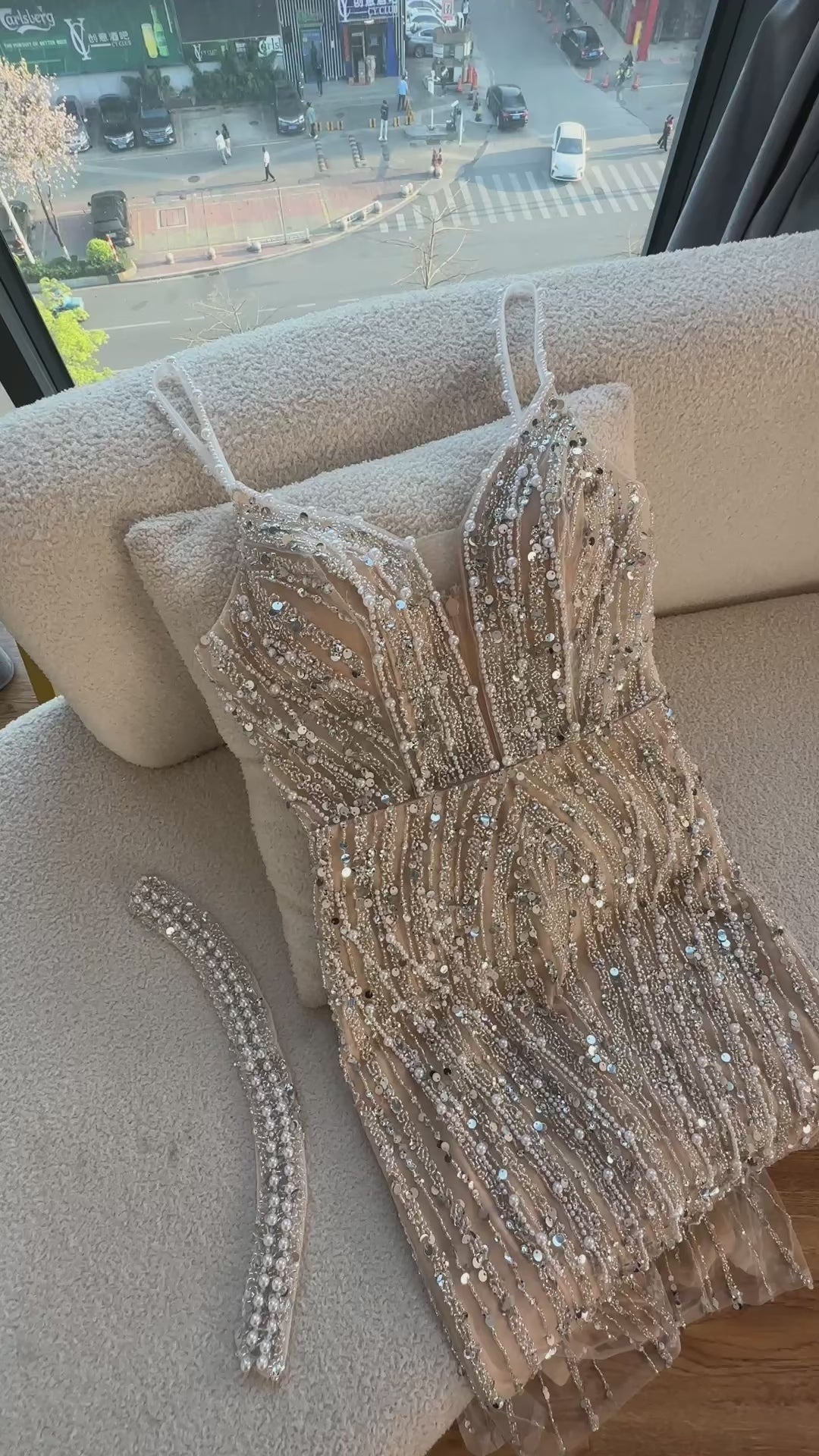 White Nude Beaded Evening Dress with Spaghetti Straps LA72047D