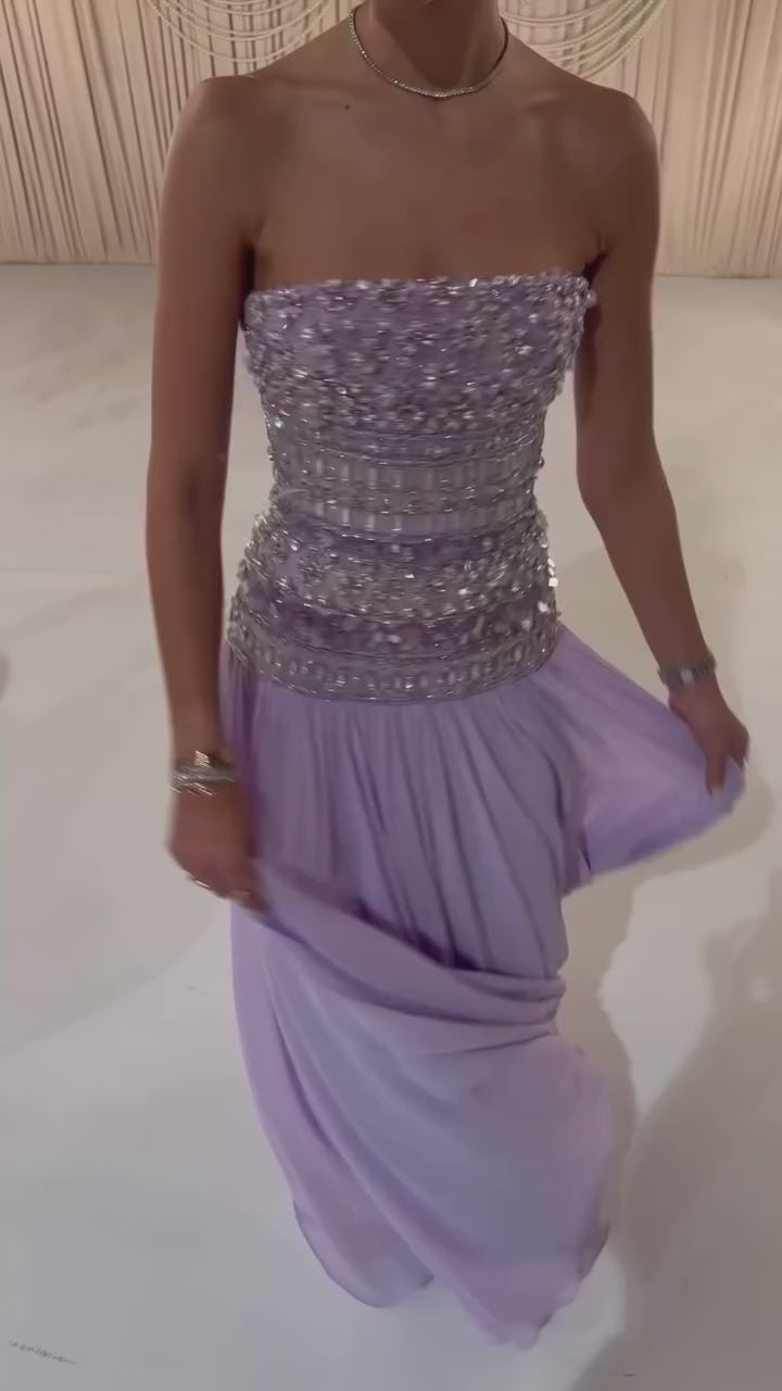 Lilac Strapless Beaded A Line Arabic Evening Dress LA73044