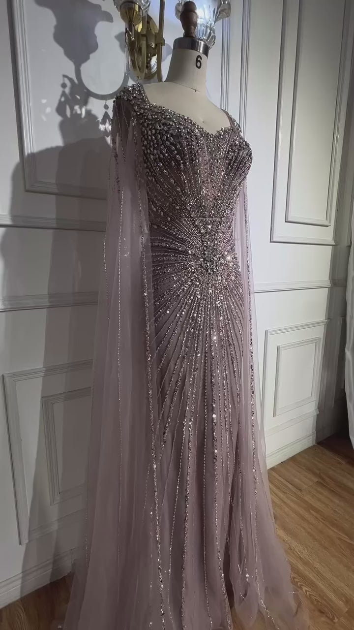 Dubai Luxury Nude Cape Sleeves Beaded Evening Dress LA72575A