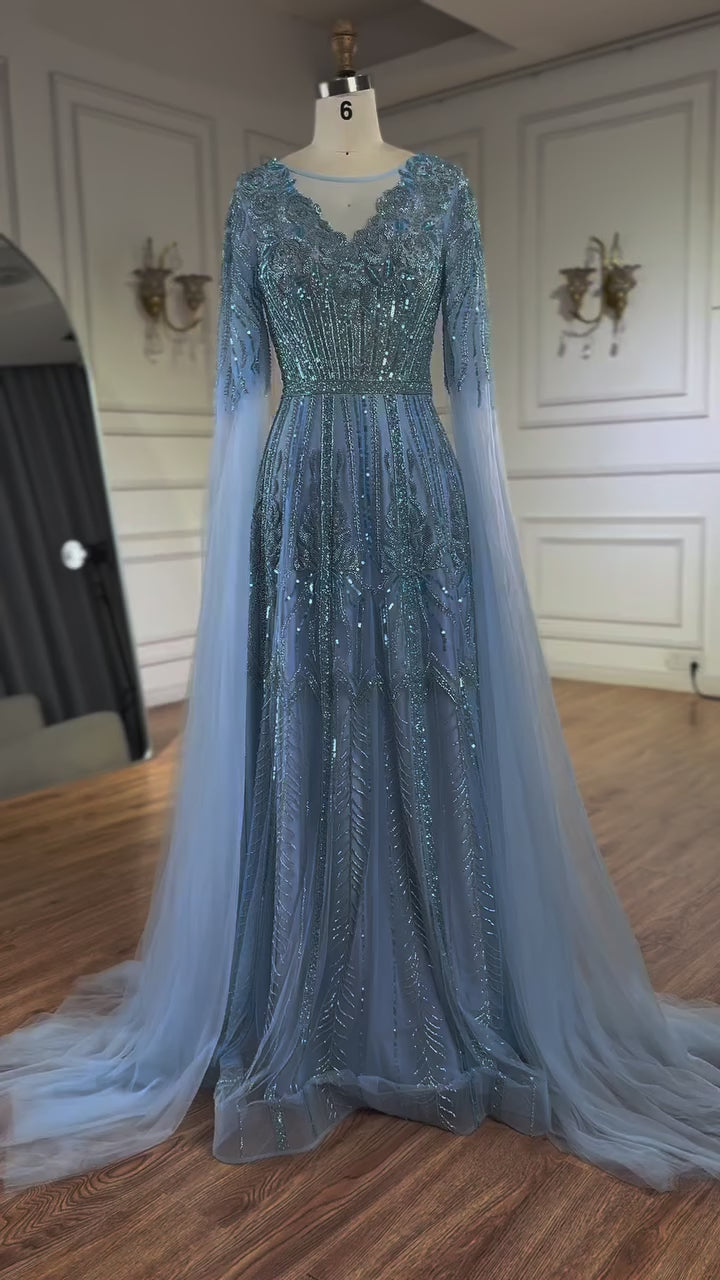 Elegant Beaded A-Line Evening Dress with Cape Sleeves LA73056