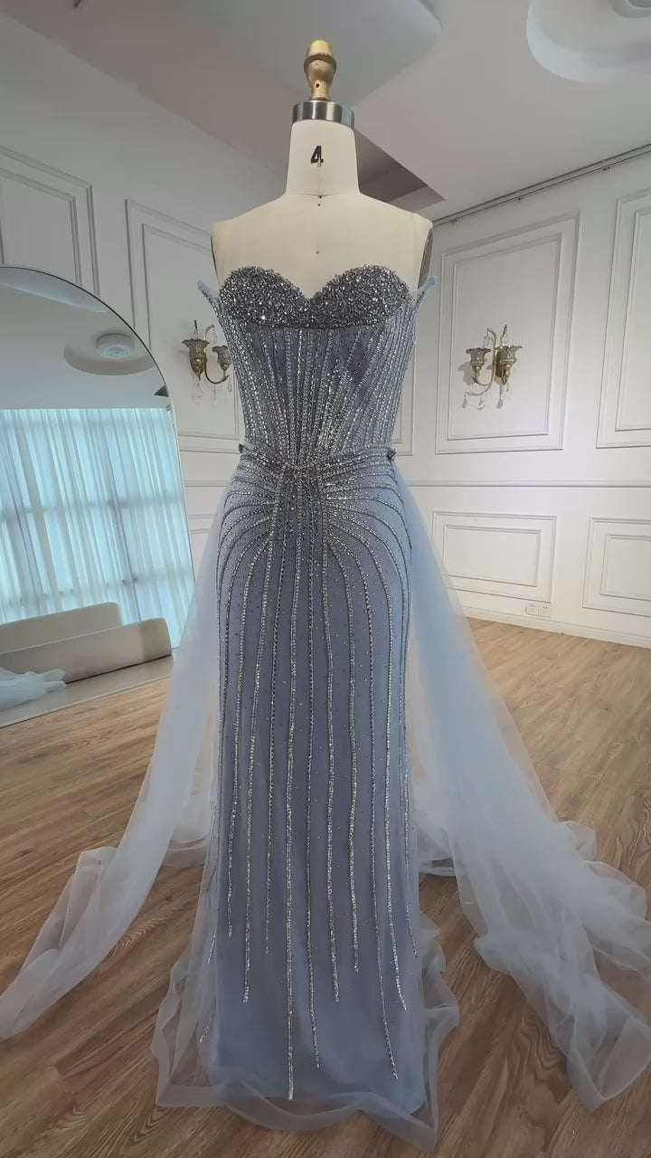 Strapless Pink Pearls Beaded Arabic Mermaid Evening Dress with Overskirt LA72811B