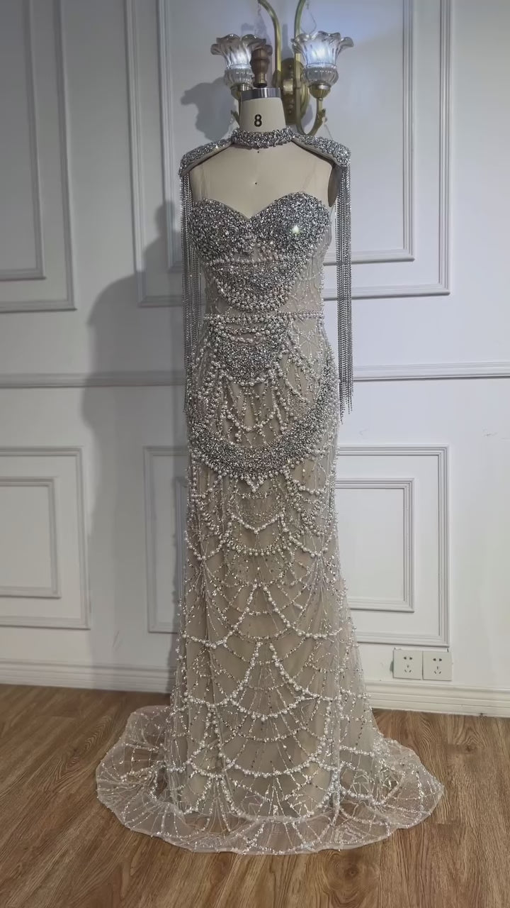 Luxury Nude Beaded Evening Dress with Tassel Short Cape LA72876