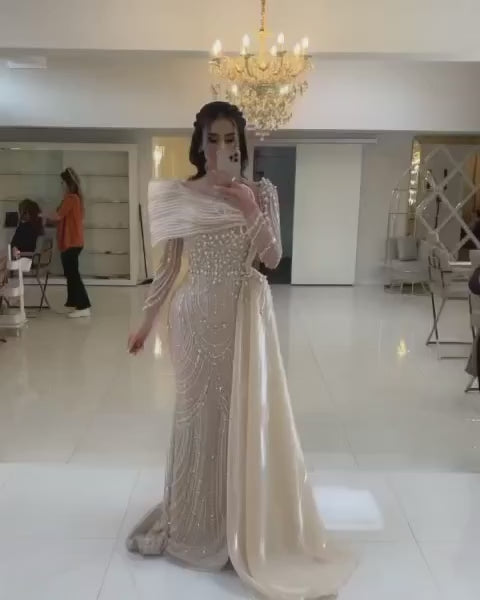 Luxury Designer Nude Crystal Mermaid Evening Dress with Overskirt LA72348