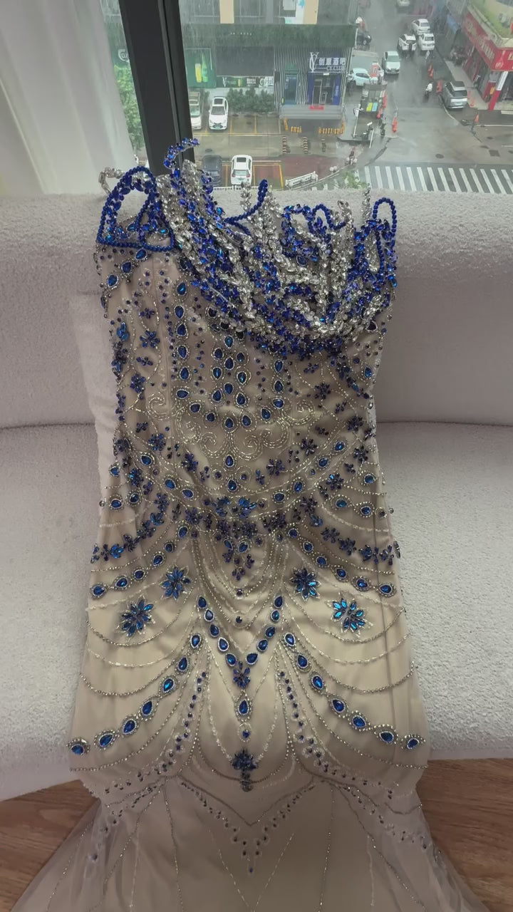 Luxury Blue Crystal Beaded Mermaid Evening Dress LA72760B