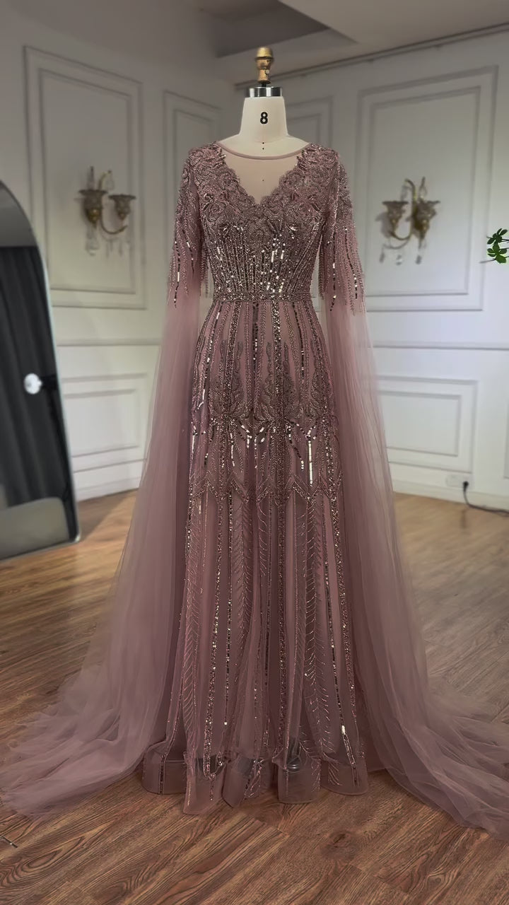 Elegant Beaded A-Line Evening Dress with Cape Sleeves LA73056