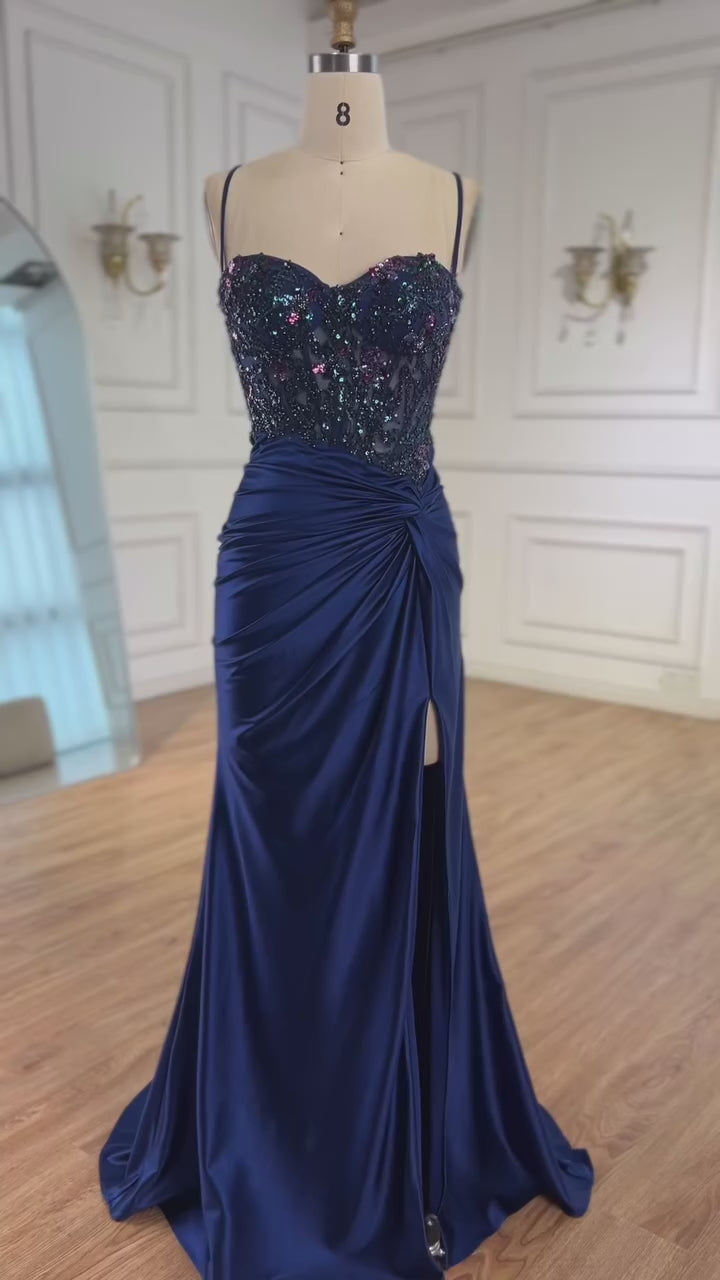 Classy Light Green Satin Prom Dress with Lace and Slit LA73032A