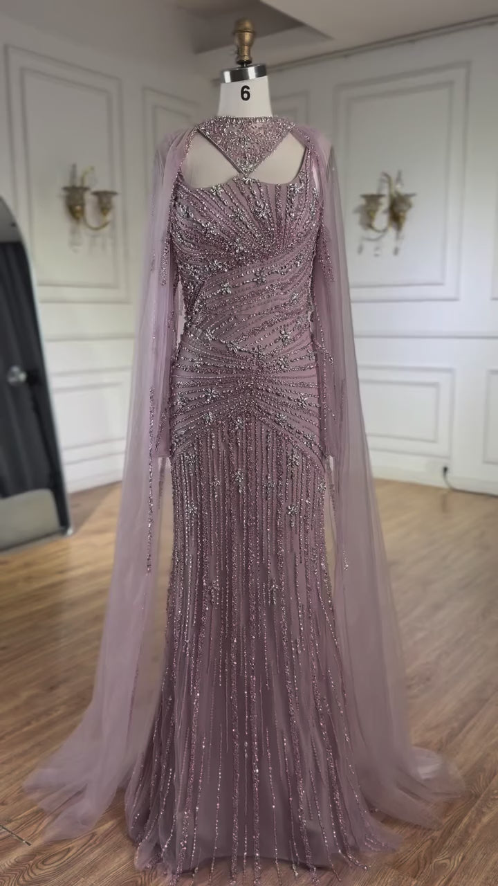 Luxury Caramel Mermaid Evening Dress with Cape Sleeves LA73052