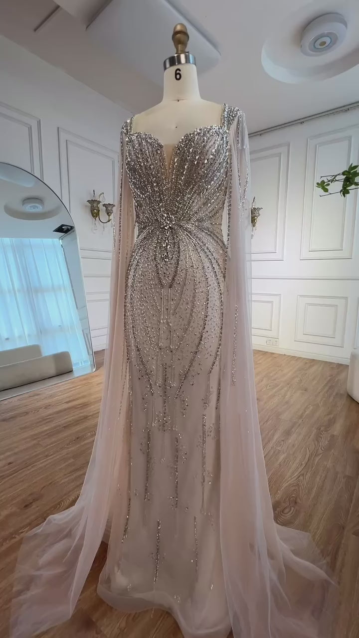Luxury Designer Beige Beaded Evening Dress with Cape Sleeves LA72992