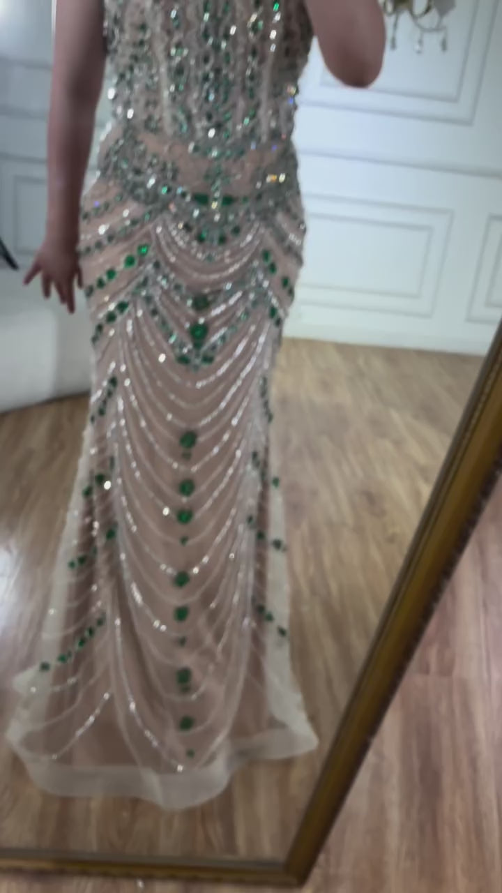Luxury Green Beaded Saudi Arabic Evening Gown for Formal Occasion LA72842