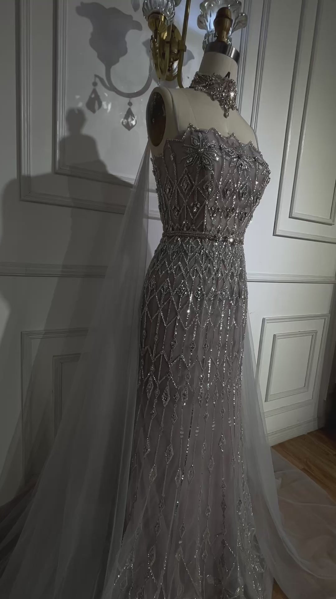 Luxury Nude Beaded Mermaid Evening Dress with Cape LA72711