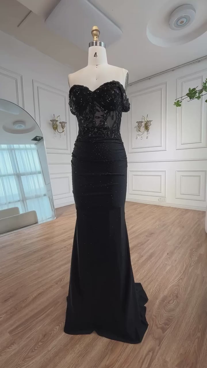 Classy Black Off-Shoulder Lace Prom Dress LA72999