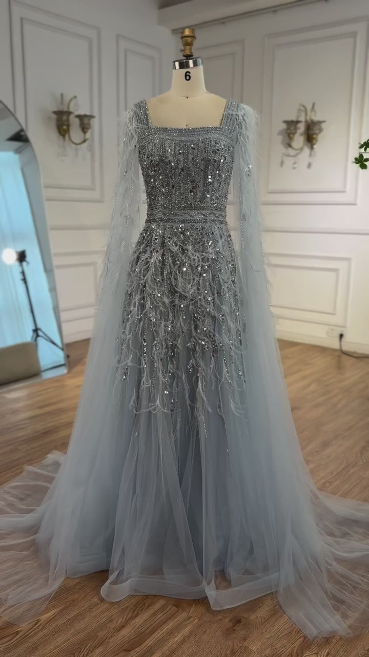 Elegant Blue Beaded Feather A-Line Evening Dress With Cape LA73043