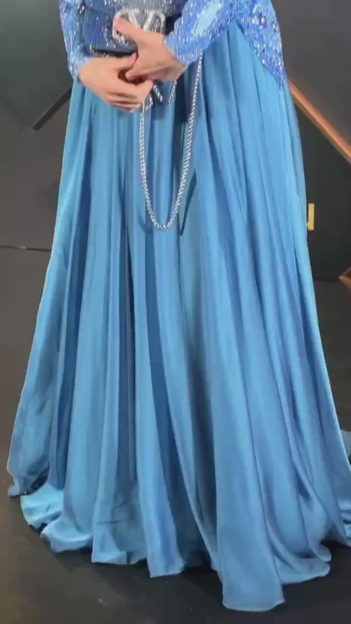 Luxury Designer Blue Beaded Evening Dress with Long Sleeves LA72962