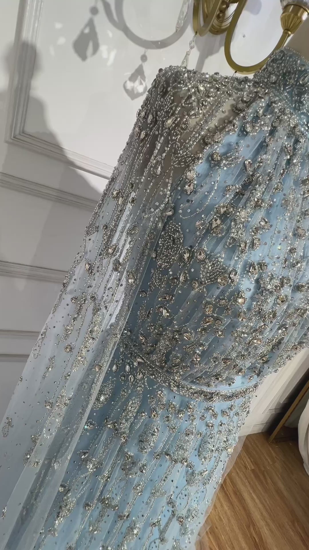Luxury Blue Beaded A-Line Evening Gown with Cape Sleeves LA71803G