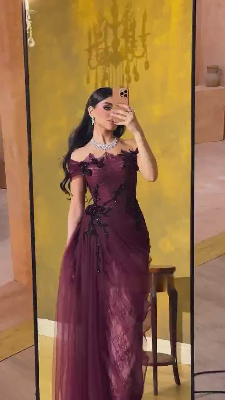 Elegant Wine Red Off Shoulder Lace Evening Dress with Appliques LA73010