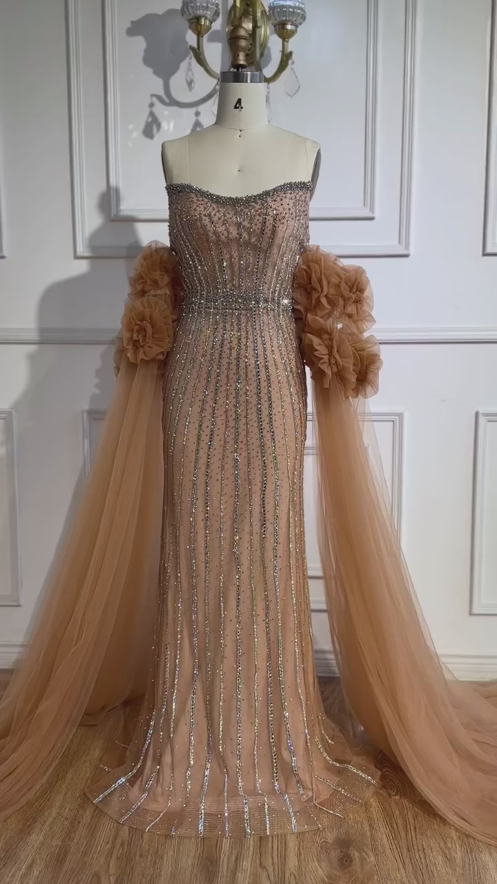 Luxury Pink Beaded Mermaid Arabic Evening Dress with Cape LA73019