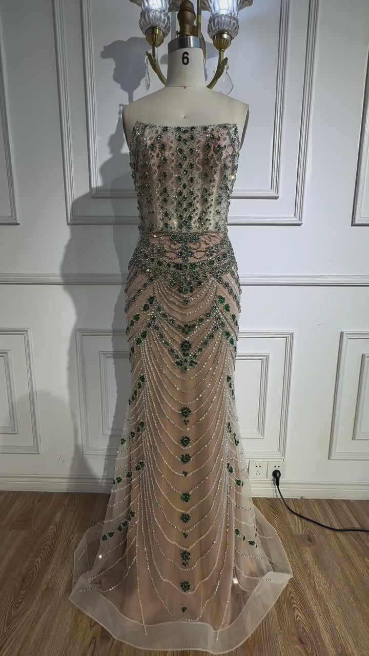 Luxury Green Beaded Saudi Arabic Evening Gown for Formal Occasion LA72842