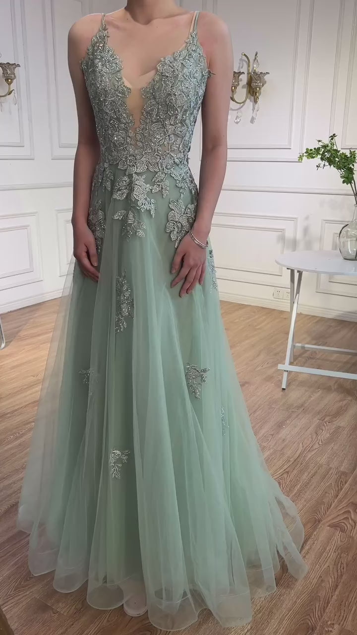 Luxury Sage Green Lace A-Line Prom Dress with Spaghetti Straps LA73005