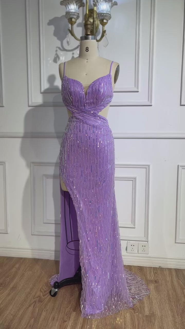 Luxury Purple Sequin Prom Dress with Slit and Cutout Waist LA73000