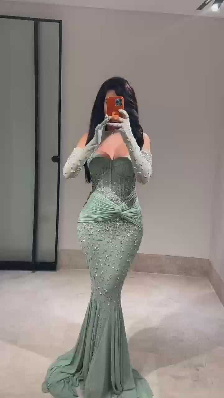 Luxury Turquoise Strapless Beaded Evening Dress with Gloves LA72933