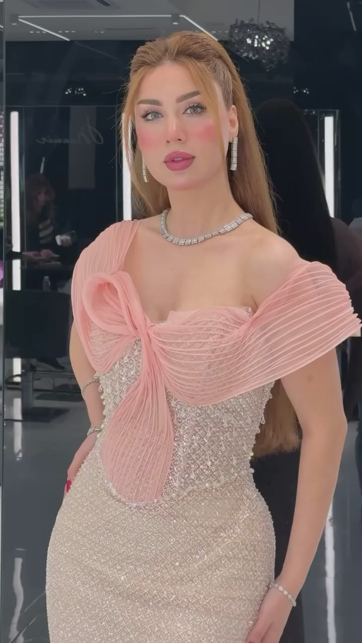 Luxury Pink Off Shoulder Mermaid Evening Dress with Bow LA73058