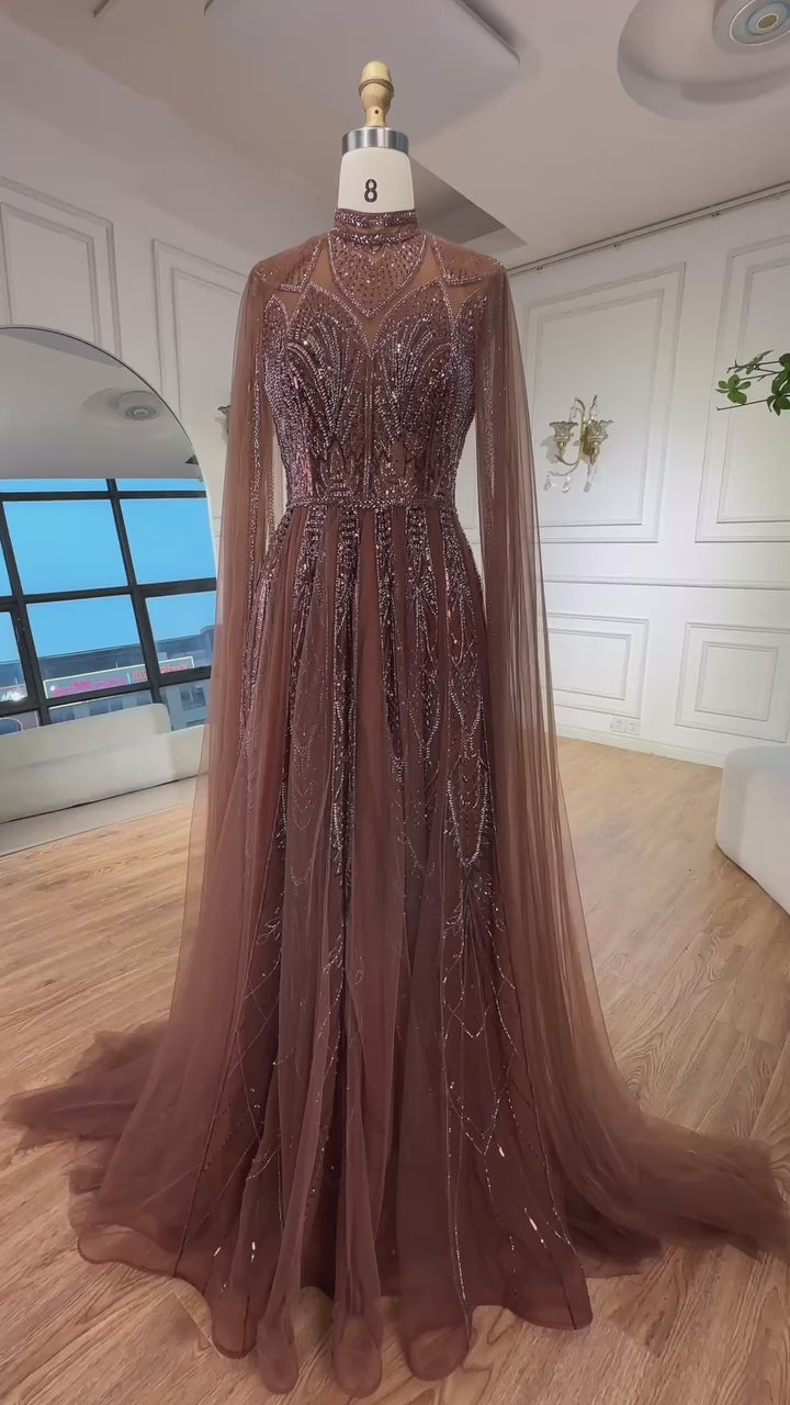 Luxury Brown Beaded Evening Gown with Cape Arabic Style LA72951