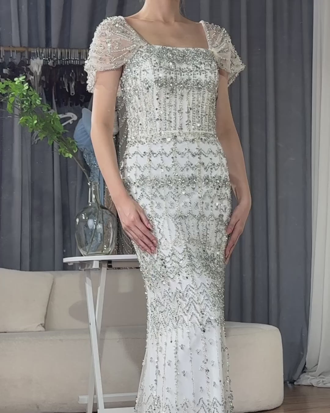 Luxury White Mermaid Beaded Evening Dress with Short Sleeves LA72714