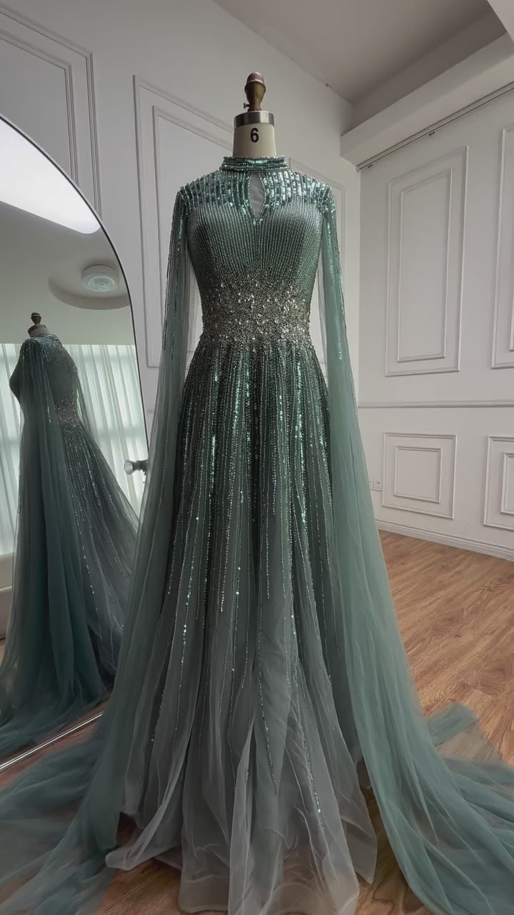 Luxury Modest Blue Beaded Evening Dress with Cape LA73059