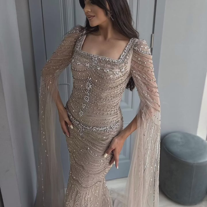 Luxury Beaded Caramel Evening Dress with Cape Sleeve LA72604