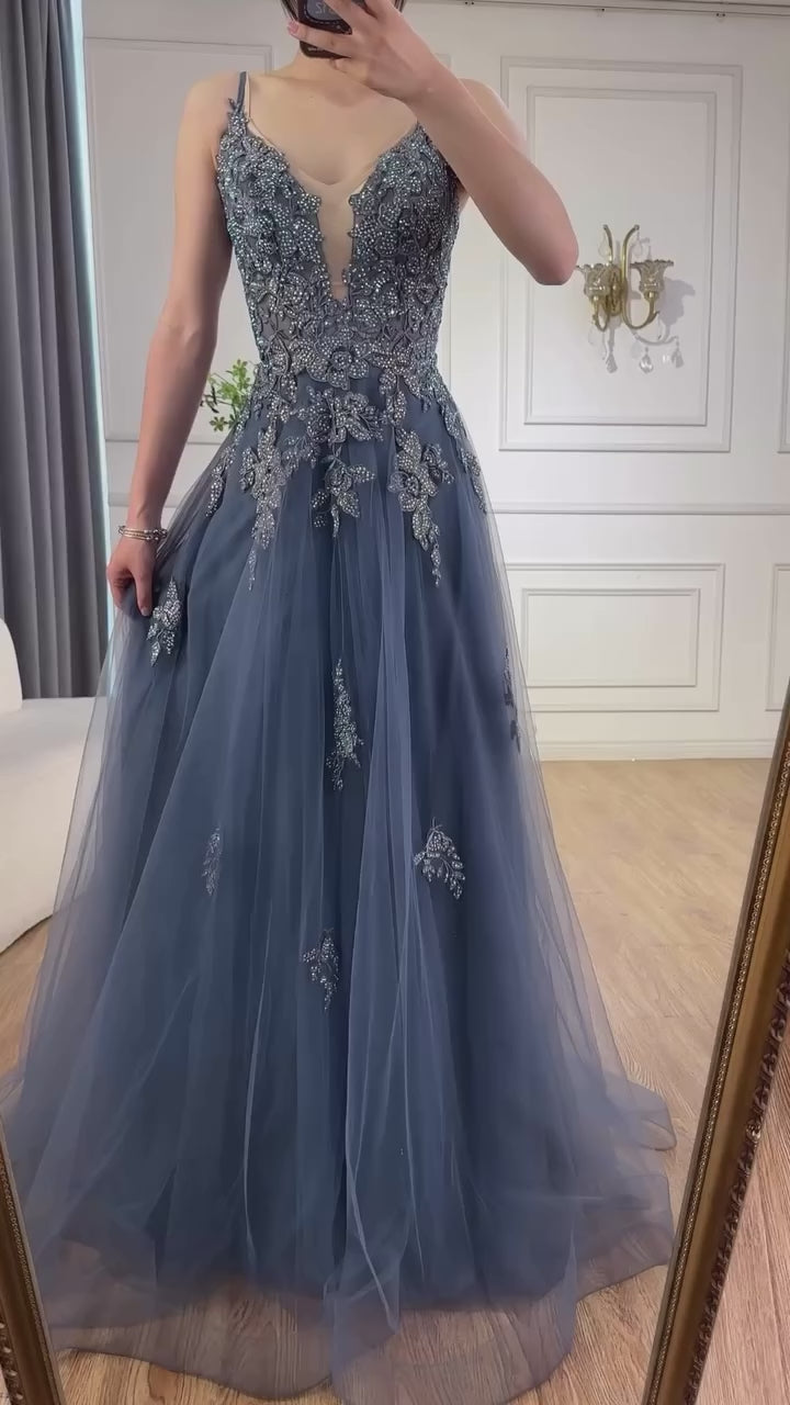 Luxury Sage Green Lace A-Line Prom Dress with Spaghetti Straps LA73005