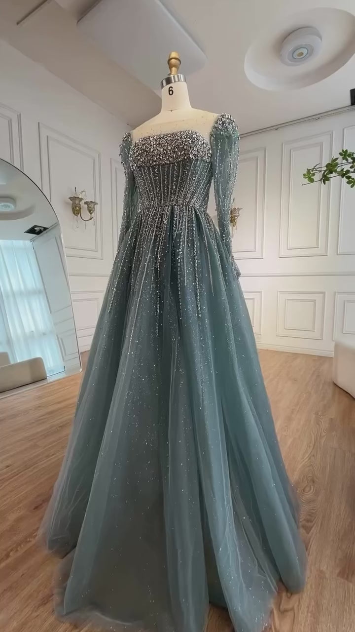 Luxury Caramel Sparkly A-Line Evening Dress with Long Sleeves LA72991