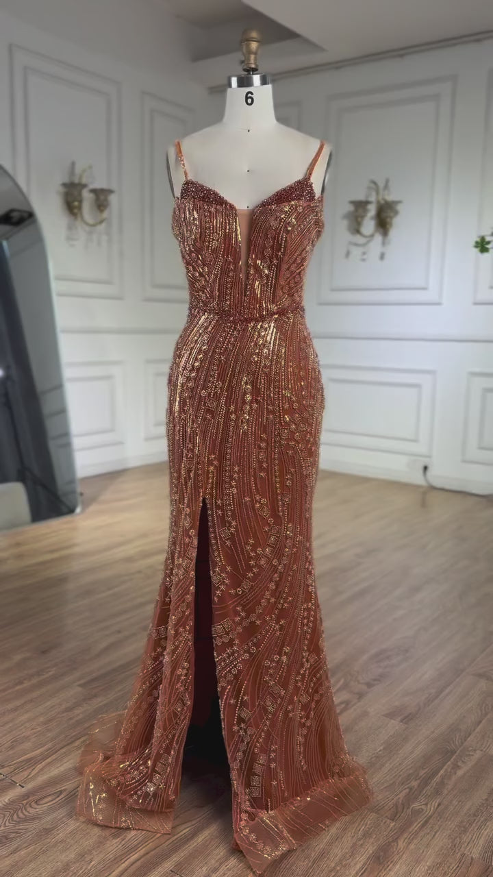 Orange Beaded Evening Dress with Slit Spaghetti Straps LA72542