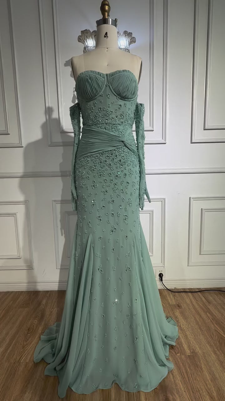 Luxury Turquoise Strapless Beaded Evening Dress with Gloves LA72933