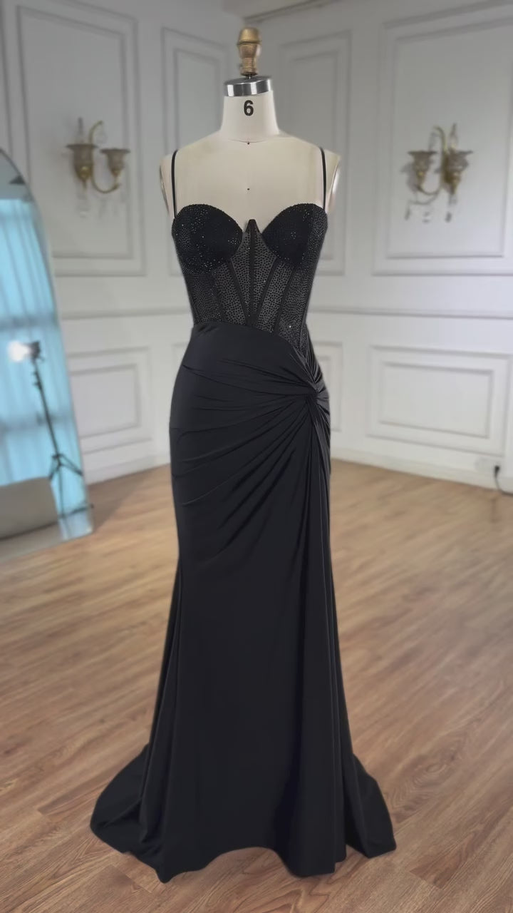 Black Beaded Classy Prom Dress with Spaghetti Straps LA73039