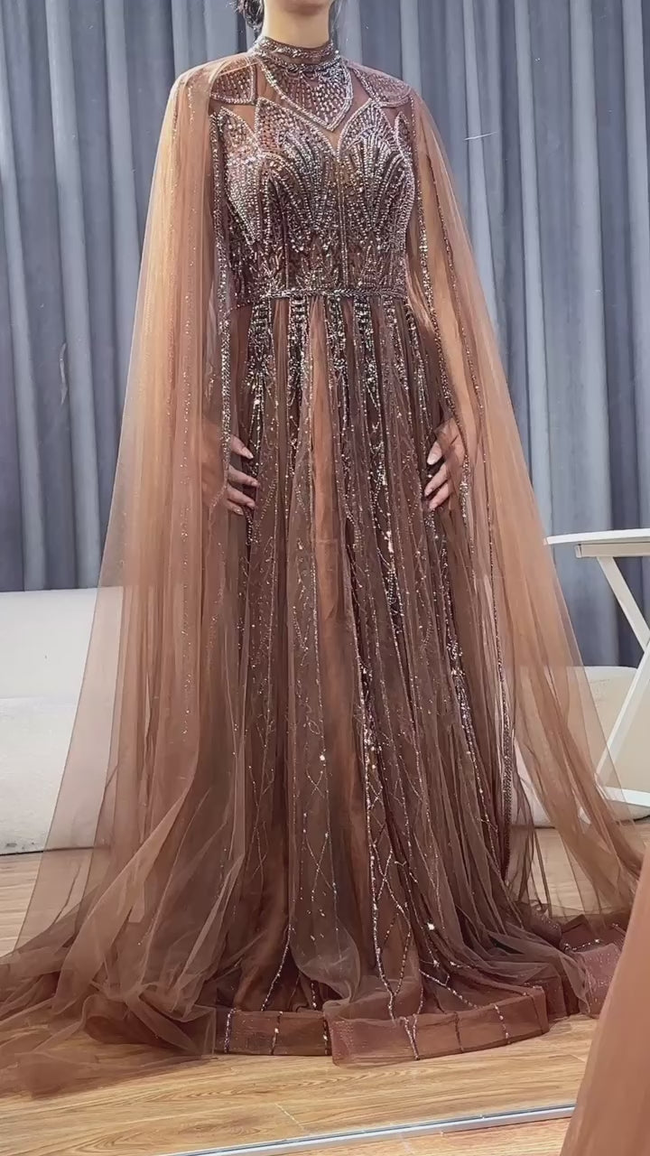 Luxury Brown Beaded Evening Gown with Cape Arabic Style LA72951