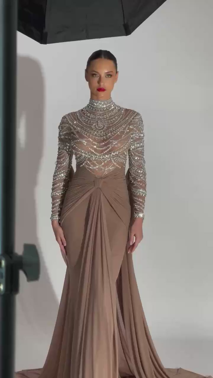 Luxury Designer Modest Brown Stretch Material Mermaid Evening Dress LA72993