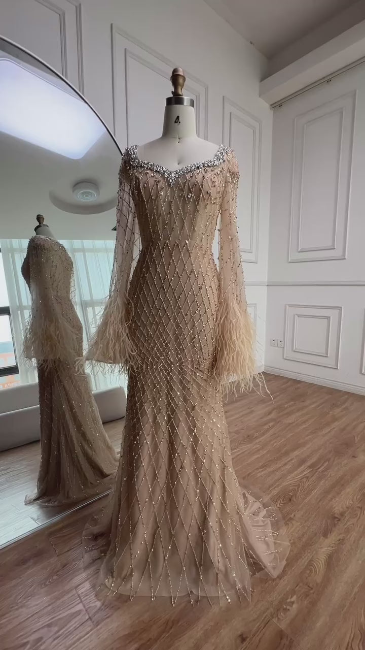 Luxury Nude Beaded Evening Dress with Feather Cuffs LA72892