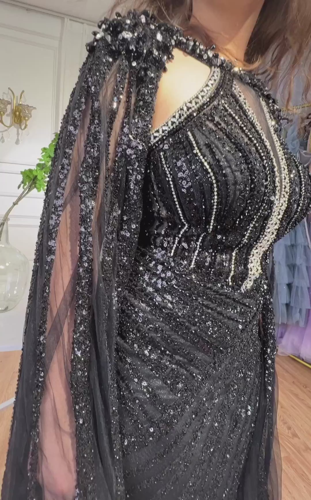 Luxury Crystal Yellow Evening Dress with Cape Sleeves LA72085
