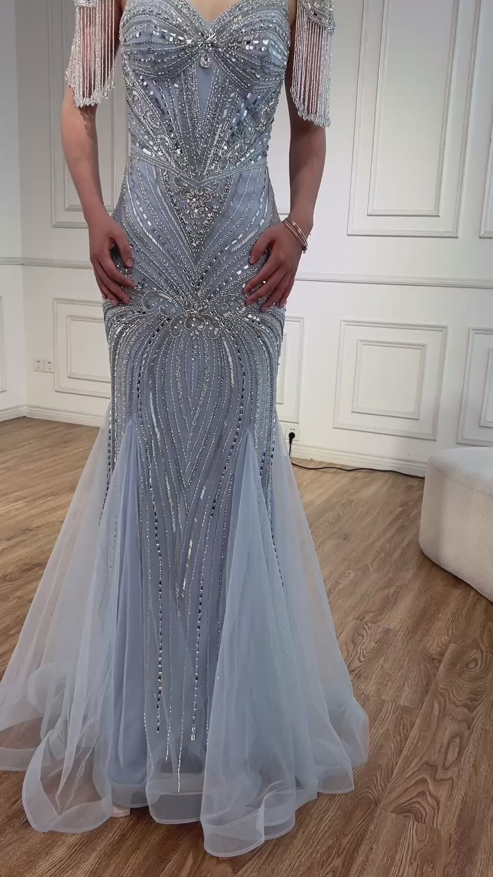 Luxury Nude Beaded High Neck Mermaid Evening Dress LA72897