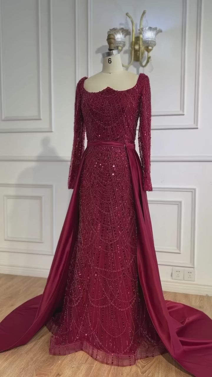 Luxury Wine Red Mermaid Evening Dress with Overskirt Plus Size LA72352A
